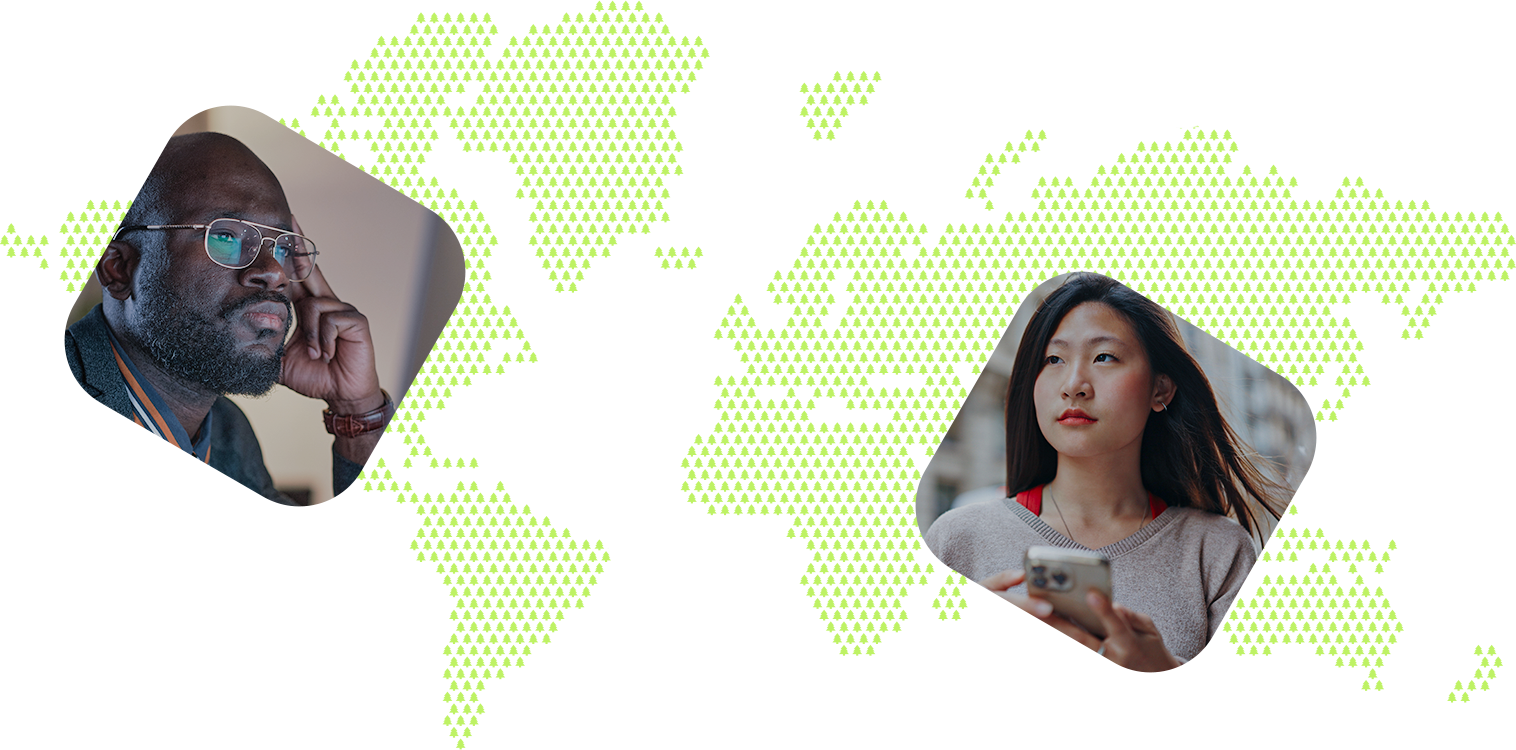 A world map made of tiny light green trees, with two overlay blocks with pictures, one with an african man looking to a computer screen, and another with an asian woman holding a mobile in the street